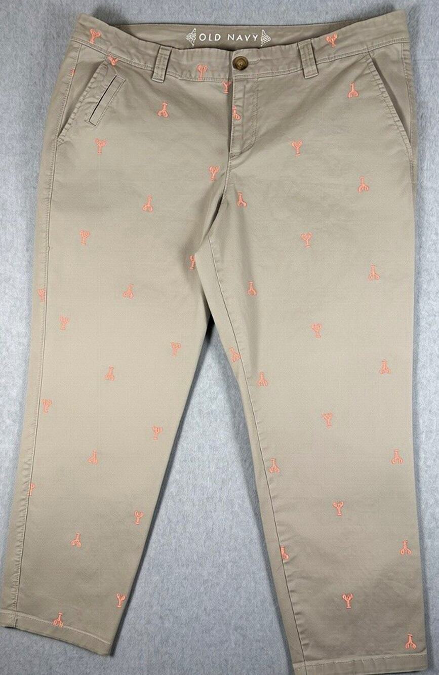 Old Navy Women’s 14 Regular Chino Pants Lobster Embroidered Khaki Cropped